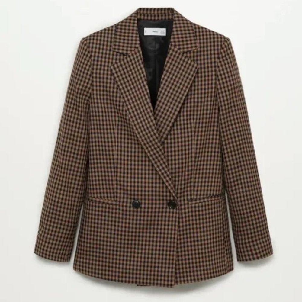 MANGO MNG Check Structured Double Breasted Blazer Black Brown NEW Medium M